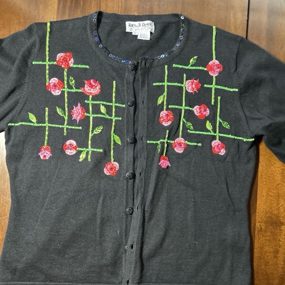 Jack B. Quick Cardigan Sweater Womens L Beaded Sequin Rose Floral Embellished